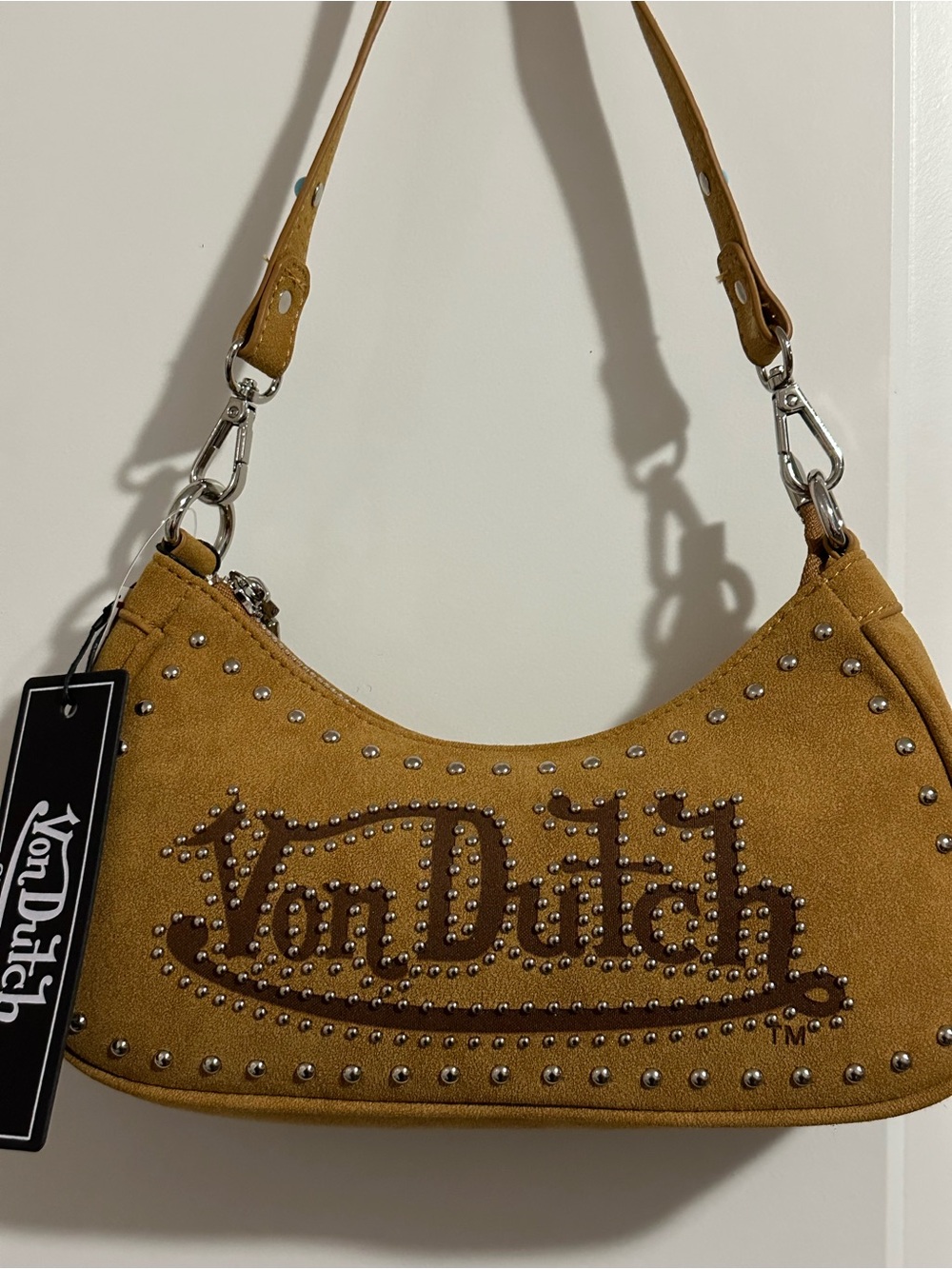 Von Dutch Mustard Suede Studded Shoulder Bag with Logo